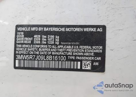 2020 BMW 330I xDrive z USA, uszkodzony, nr VIN 3MW5R7J09L8B16100